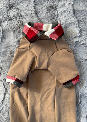 Chandail long col chemise - Plaid tricolore & beige