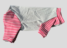 Load image into Gallery viewer, One piece - Heather gray &amp; raspberry striped MEDIUM READY TO SHIP (old model, more open crotch)