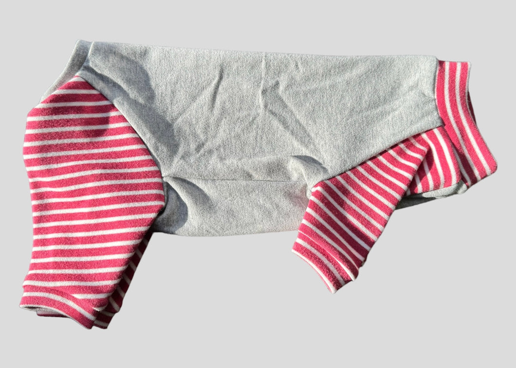 One piece - Heather gray & raspberry striped MEDIUM READY TO SHIP (old model, more open crotch)